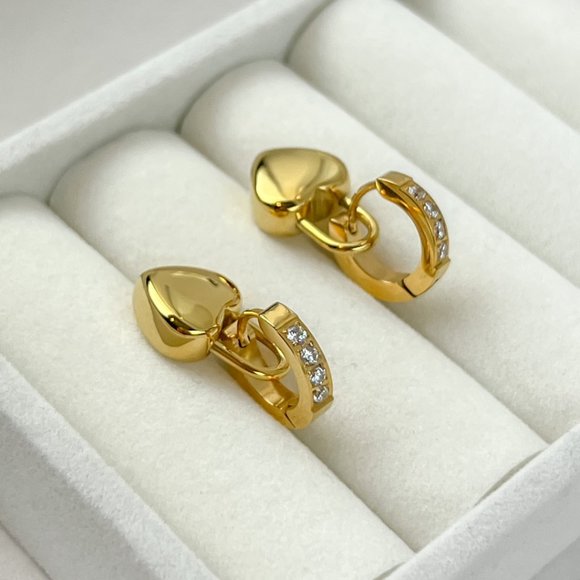 Gold Plated Huggie Hoop Heart Earrings Heart Pendant Earrings - Picture 2 of 11